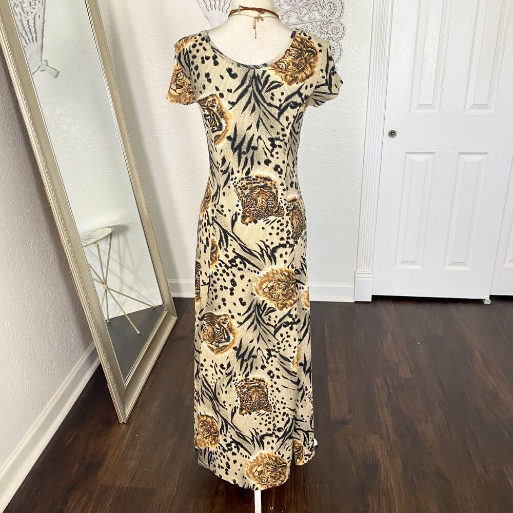 Vintage La Fete Ribbed Button Front Midi Dress Lion Tiger Portrait Print S - Picture 6 of 8